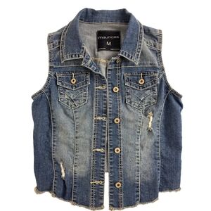 Maurices M Stretchy Crop Distressed Blue Denim Vest 2556-BE